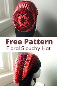 You don't have to put down your crochet hook just because the weather is getting warmer. Try this easy & free slouchy crochet hat. The center has a beautiful flower motif. Don't worry, this crochet hat pattern is simple. If you can crochet a granny square than you can complete this summer crochet project.  #Crochetslouchyhat #crochethat #crochetsummerproject