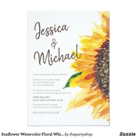 Sunflower Watercolor Floral White Wedding Invitation #sunflower #weddinginvitation  #yellow #brown #flowers #summer #autumn #zazzlemade