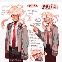 here's another boi,,, because apparently i can't stop making bnha ocs💦his quirk is jellyfish (which is the result of me watching underwater documentaries at 1am last night) and his ability is pretty straight forward and it allows him to sting like jellyfish and do some other stuff that jellies do i suppose lmaO,,,, his skin and "hair" is similar to that of the jellyfish & when anyone touches him, he usually releases venom with a fair amount of toxicity that's enough to cause a fair amount of