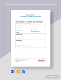 Instantly Download Restaurant Overtime Authorization Form Template, Sample & Example in Microsoft Word (DOC), Google Docs, Apple Pages Format. Available in A4 & US Letter Sizes. Quickly Customize. Easily Editable & Printable.