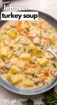 Easy Leftover Turkey Soup is warm and comforting. With tender turkey, loads of vegetables, and a great mix of savory seasonings, it's the perfect way to feed the whole family during the busy holidays! #soup #dinner #recipe | soup recipe | dinner ideas | dinner recipe | leftover turkey recipe | thanksgiving leftovers | creamy soup | healthy soup |