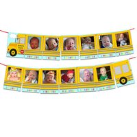 Wheels on the Bus 1st Birthday Photo Banner Celebrate how the year has gone round and round for your little ones 1st birthday with this fun yellow school bus 1st birthday banner, with a fun sky background and their photos inside of the school bus windows and labeled with primary colors. Includes Newborn-11 month + bus ends (14 panels total). Each pennant is approx. 5 x 7", Approximate total length is either 70" continuous or two 35" banners. First pennant says round and round on the bus. Printed