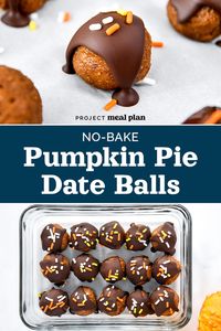 These irresistible No-Bake Pumpkin Pie Date Balls are made with graham crackers, canned pumpkin, juicy dates, and then covered in chocolate for a decadent, freezer-friendly, Fall themed dessert! ProjectMealPlan.com