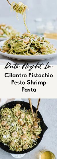 Delicious pesto shrimp pasta with a crazy good fresh cilantro pistachio pesto! This flavorful shrimp pasta recipe is easy to make but will make you feel like you’re at a fancy restaurant. Serve with garlic bread or a side salad for a great ‘date night in’ meal. #pasta #shrimp #dinner #healthydinner #seafood