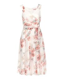 RE20DR380 in Ivory/Peach. Length: 113CM approx. Pretty as a peach, this gorgeous sleeveless dress is made from soft, Ivory-coloured fabric with a bewitching floral print. The skirt falls in girlish folds, with a luxurious inner lining, while a romantic V-neck woos eyes. A wrap-around tie that cinches the waist and a concealed zipper promise a fine tailored fit. - Fit and Flare - No Stretch - Light Weight