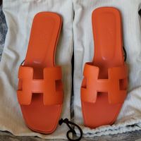 Authentic Hermes Sandal Orange Rare Color Leather Size 40=10us, New With Box, Dust Bags. Condition Is New With Box. Insole 10.2inch Sandal In Calfskin With Iconic "H" Cut-Out. An Iconic Hermes Style, This Silhouette Is An Essential Piece In Every Wardrobe. Size 40=10us Orange Color Comes With Hermes Box, 2 Dust Bags. Made In Italy