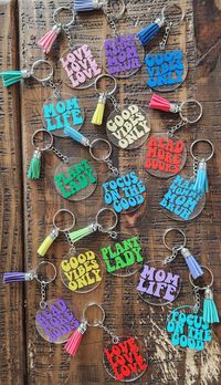 2 inch acrylic keychain with tassel, silver key ring and chain, Bright and Groovy texts, cute sayings/quotes