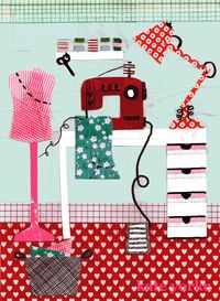 Seamstress Sewing Room Sewing Machine Illustration - Pink Red & Green Quilt Hearts Pattern