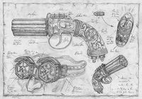 Steampunk pepperbox revolver. Preparatory lay-out for Captain Swing and the electrical pirates of Cindery Island.