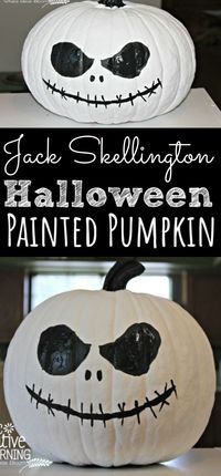 Create this easy Jack Skellington Halloween Pumpkin DIY Craft! If you're a fan of The Nightmare Before Christmas than you need to create the Pumpkin King for Halloween! The perfect Halloween decor with Jack Skellington Pumpkin craft! - simplytodaylife.com #JackSkellington #PumpkinCraft #PaintedPumpkin #JackPumpkin #HalloweenPumpkin #PaintedPumpkin #DIYJackPumpkin