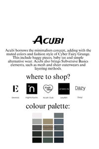 Recommendations on where you can purchase Acubi style pieces.The colour pallete is mainly a range of dark shades, with a mix of white. Comment other aesthetics you would like to see!