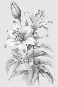 Lily flowers, Pencil sketch, Botanical art, Floral drawing, Fine art, Nature illustration, Black and white art, Flower sketch, Lily art, Graphite drawing, Realistic drawing, Detailed art, Flower illustration, Lily pencil art, Hand-drawn art, Artistic drawing, Plant art, Lily flower drawing, Art for home décor, and Botanical pencil sketch. The digital file enclosed has aspect ratio of  2X3 with high resolution of 300 DPI and hence can be printed for the sizes 4X6 , 6X9, 8X12, 12X18 and 16X24. Id you need other aspect ratios, just send a message and I will add more sizes. Thanks.