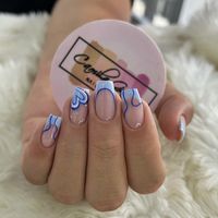 24pcs Medium Square Blue Highlight Nails Sweety Colored Wear Nails Love Design Press On Fake Nails