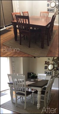 DIY farmhouse dining table makeover before and after.