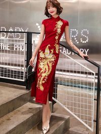 Red Embroidered Phoenix Long Qipao / Cheongsam Wedding Dress