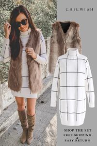 Free Shipping & Easy Return. Up to 30% Off. Mid-Length Brown Faux Fur Vest and Warm Welcome Grid Turtleneck Sweater Dress featured by kotineru