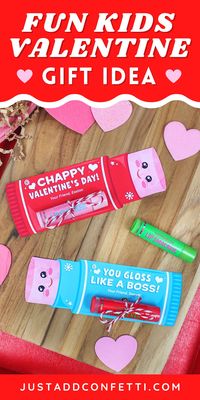 Chappy Valentine's Day! Get ready for Valentine's Day with this funny chapstick or lip gloss kids valentine idea! Perfect for valentine exchanges, school valentines, and Valentine’s Day classroom parties. This DIY kids valentine idea is so easy to make. All you need are chapstick, lip balm or lip gloss and my Just Add Confetti valentine printables. The printables are available in my Just Add Confetti Etsy shop. Head to justaddconfetti.com for more easy and creative kids valentines.