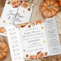 Rustic Pumpkin All in One Wedding Invitations Gatefold wedding invites are a great way to get all your information on one invitation that is cost effective and doesn't break the bank when you are on a tight wedding budget! They include 3 sections inside all of which are personalised with your information. The information section is completely personalised around your needs, so you can include a menu, gifts, accommodation etc. Which ever information you need to send to your guests.  The timeline