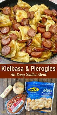 Browned onions in butter make a simple sauce for this easy one skillet meal with Polish origins of Pierogies and Kielbasa. Dinner doesn’t get much better than potato and cheese stuffed mini Pierogi served with warm smoked sausage or Kielbasa!