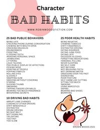 No one is perfect, especially your characters. Use these handy lists to get inspired to mess someone up. Ummm, I mean, give your characters relatable flaws. Without further ado, here are your bad habits for characters lists. 😀 More lists with printable PDFs when you click the link. #writingcommunity #writinglists #wordlists #badhabits #writingcharacters