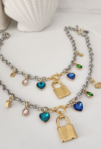 Multi Charm Padlock Necklace, Silver and Gold heart padlock necklace, stainless steel curb chain necklace, and heart shaped charms