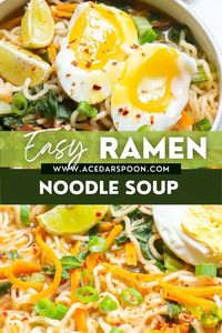 This Easy Ramen Noodle Soup is a family favorite. It is made with a base of vegetable or chicken broth, vegetables, ramen noodles and topped with a boiled egg and some fresh garnishes of green onion and red chili flakes for a kick of spice. Finally add a lime wedge, for that final burst of zesty freshness. You will love this easy, flavorful soup!