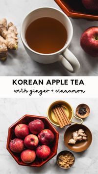 A comforting and soothing hot drink to cure all your winter chills and aches: Korean Apple Tea! Also known as Saegwa Cha, it's my Korean grandma's home remedy for the common cold. Easy to prepare with immense health benefits, enjoy this warm, comforting drink made from apples with ginger and cinnamon's gentle, warming heat.