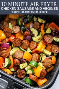 This quick and easy air fryer chicken sausage and veggies recipe is the perfect lazy day meal you can have on the table in minutes. It is loaded with protein and colorful vegetables and you can make it in 10 minutes! Enjoy it as a healthy dinner or lunch any day of the week!