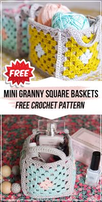 crochet Mini Granny Square Baskets free pattern #Baskets #crochet#freecrochetpattern via @shareapattern.com