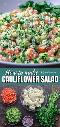 A light lemony dressing, fresh herbs, and chopped veggies give this raw cauliflower salad a delicious and bright Mediterranean twist everyone loves. It's like tabouli, but gluten free! Low carb. GF #glutenfree #salad #tabouli #cauliflowersalad #cauliflower #cauliflower rice