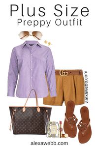 Plus Size Brown Linen Shorts Summer Outfits - A button-down, linen shorts, Gucci belt, LV Neverfull, and Tory Burch sandals - Alexa Webb