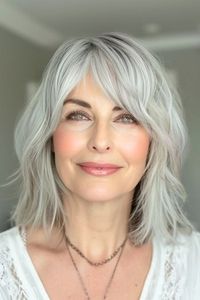 Shoulder-Length Shag Hairstyle on smiling older woman with gray hair.