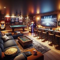 This ultimate man cave has it all; a large TV with surround sound, vintage jukebox, gaming console, professional pool table and a mini-bar. Personalized with framed sports memorabilia, for a cozy touch. #ManCave #HomeEntertainment #BasementDesign #GamingRoom #HomeBar #PoolTable