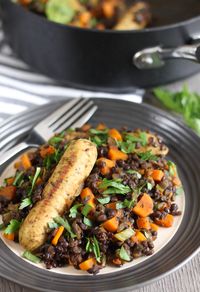 Sausage and puy lentil vegetarian cassoulet - a veggie version of the classic French dish. On the table in half an hour!