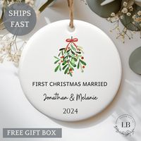 This customizable marriage Christmas ornament is a thoughtful keepsake designed to celebrate the special moment of a couple's marriage during the holiday season. Made from high-quality ceramic, this ornament makes the perfect gift for a newly married couple. What makes this ornament truly unique is the ability to personalize it with custom names, making it a cherished memento that can be displayed on their Christmas tree year after year. * Made of ceramic * Round style measures 3" in diameter *