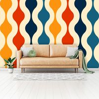 Retro Abstracts, Mid Century Modern Peel And Stick, Mustard Yellow, Red, Blue, Groovy Wall Murals Here is the best solution for the walls of your home - self-adhesive, fully removable and repositionable WALLPAPER. - It is fantastically beautiful! Wow effect guaranteed! - EASY TO STICK, EASY TO TAKE OFF! This wallpaper won't leave a sticky residue behind! Our wallpaper sticks to any smooth, flat surface (drywall, gypsum board, concrete, wood, glass, etc.) - It is easy to put up on your own. Detai