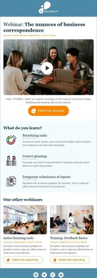 Promo Email Template «Webinar recording» for Manufacturing industry. Explore our Alerts & Notifications email templates to find just the right look for you. #Email_Newsletter_Template #Email_Templates #Email_Design #Email_Marketing #Mailchimp #Newsletter #Email_рассылка