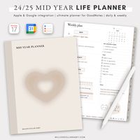 Stay organized and on top of things with our Mid Year Life Planner 24/25. This digital planner, designed for GoodNotes on iPad, covers the mid-year period from July 2024 to June 2025. Plan your life effortlessly and efficiently in any note taking app. Whether you're aiming for academic excellence, professional success, or a more fulfilling life, the Life Planner will be your unwavering ally in 2024. Plan your life, set goals, track your progress and celebrate your milestones along the way.