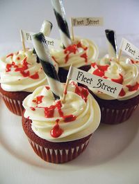 Sweeney Todd Demon Barber of Fleet Street cupcakes--great idea for a Halloween party or horror movie marathon.