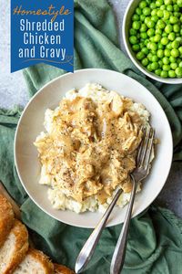 Super flavorful, yet uncomplicated, recipe for Shredded Chicken and Gravy that is wonderful served over mashed potatoes. This is the comfort food you want when you need a little food lovin'.