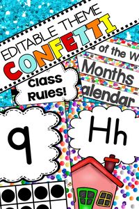 This confetti classroom decoration set has everything for your walls, bulletin boards, and organizational needs. Included are labels, a word wall, calendar, alphabet, number, shapes & color posters, class rules, desk name tags, months, banners and more.  So many different ideas to create with this DIY teacher created resources bundle. This popular design is simple, colorful, calming, cute and fun. It is perfect for daycares, preschool, prek, kindergarten, first, or second grade.