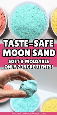 If you're looking for a fun sensory activity to prepare for your kids, this homemade moon sand recipe fits the bill perfectly! DIY moon sand (or cloud dough / moon dough) has a unique texture that is crumbly but holds its shape when pressed together—and because this 3 ingredient recipe is made without baby oil, it's also taste safe and great for babies and toddlers! Find out how to make your own moon sand using flour, coconut oil or vegetable oil, and  coloring. This edible baby safe activity is perfect for both younger and older kids, and it is super simple to make!