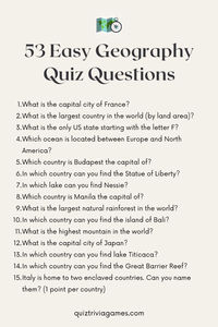 Challenge your geography knowledge with this fun and easy geography quiz! Featuring a variety of multiple-choice questions about countries, capitals, landmarks, and more, this quiz is the perfect way to test your knowledge and learn something new. Whether you're a student looking to improve your grades or an adult looking to brush up on your geography skills, this quiz is suitable for all ages and skill levels. With clear and concise questions and answers, this easy geography quiz is perfect for a quick and fun study break or a family game night. So why wait? Put your geography skills to the test and have fun while doing it with this exciting and educational easy geography quiz!