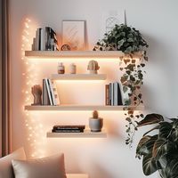 Modern shelf with some books and decor items on the shelf and plants