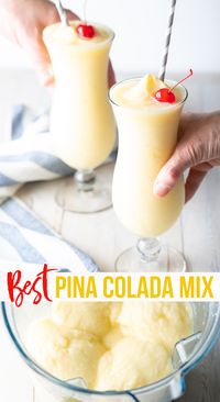 The Best Pina Colada Mix - This fruity homemade Pina Colada mix recipe is perfect for serving as a refreshing blended frozen drink or on the rocks. Enjoy the best classic pineapple coladas with rum or as Virgin Pina Coladas! #aspicyperspective #foodblog #foodie #instayum #hungry #thekitchn #tasty #pinacoladamix #pinacoladas #virginpinacolada #cocktail #mocktail #5oclocksomewhere #happyhour #summertime #bartender #pineapple #cocktails #coconut #drinks #tropical #mixology #cheers #cocktailtime