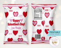 "These printable Valentine chip bags make sweet personalized classroom Valentines Day party favors!  Just write your child's name and I'll personalize and email this to you within 24 hours - usually same day! * Fits small 1oz chip bags. * Prints on 8.5x11\" paper  * Size: About 5\" x 7.5\" (after assembly) Buy one, print as many as you need! This is a DIGITAL, PRINTABLE file.  No physical labels will be shipped in the mail.  Please read entire description below before purchasing. 🧁 Shop All My Valentines Printables: https://etsy.me/3hACXOc Labels are designed for 1oz chip bags, but may work with other similarly sized snack bags. Customers are responsible for printing and applying their own labels.  Please feel free to message me if you have any questions! ★ Shop Homepage: weebairnparty.et