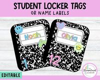 Your students are going to be in LOVE with these retro composition notebook locker tags! These bright name labels are sure to be an eye-catching addition to your classroom decor. The file is editable so you can match the fonts and colors to your current theme. You can also add your students' designated numbers to the locker tags to help with classroom organization.  ✨Product Includes✨ Editable PowerPoint file - Add your students' names in your desired font and colors 13 composition notebook designs (12 with stickers; one blank) Various text boxes that match the color palette used in the design (or choose your own colors) ✨To Edit✨ You will need to have Microsoft Powerpoint installed on your computer. Choose any font you like (must be installed on your computer) and simply type in your text