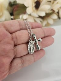 Our Lady Guadalupe Necklace, Cross Silver Necklace, Stainless Steel, Protection Necklace Mexican Jewelry, Gift for Catholic Women