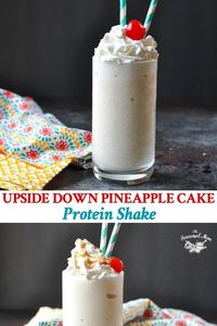 This Upside Down Pineapple Cake Protein Shake is packed with all of the flavors of your favorite dessert -- in a low calorie, healthy breakfast smoothie! #breakfast #pineapple #smoothie