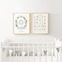 Personalised Safari Animals Nursery Prints for Baby Boy, Jungle Baby Room Decor, Set of 2 Prints with Name Sign & Alphabet Poster, Unframed